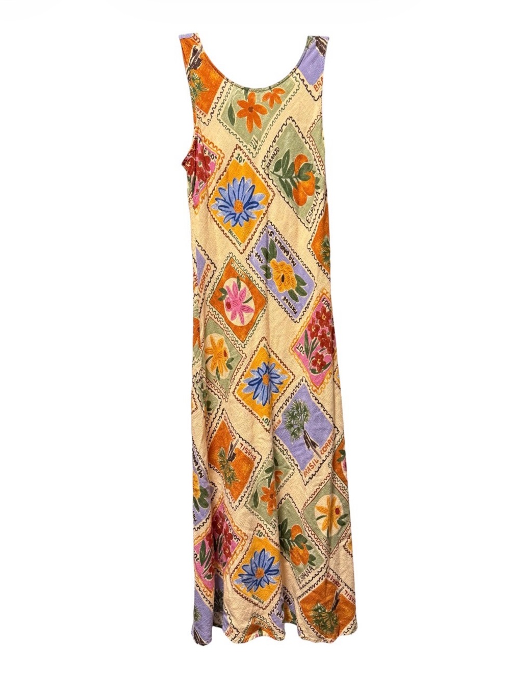 Anthropologie Paper Heart Postage Stamp Linen Blend Open Back Maxi Dress XL - Picture 2 of 7